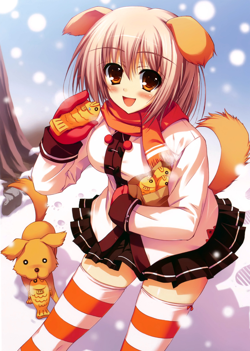 absurdres animal_ears blush copyright_request dog dog_ears dog_tail food highres non-web_source open_mouth pink_hair short_hair smile solo striped striped_legwear tail taiyaki thighhighs tomose_shunsaku wagashi