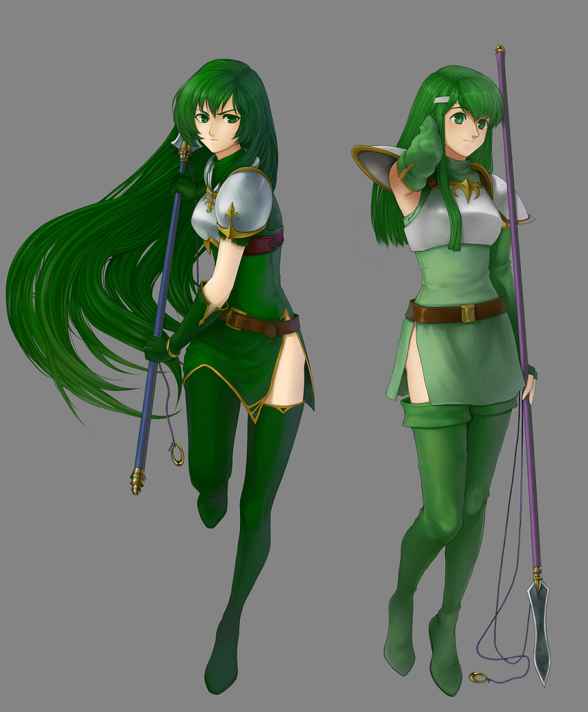 adjusting_hair armor armored_dress asa321 belt boots breastplate elbow_gloves fire_emblem fire_emblem:_monshou_no_nazo fire_emblem:_seisen_no_keifu fury_(fire_emblem) gloves green_eyes green_footwear green_hair green_skirt headband highres long_hair multiple_girls paola pegasus_knight polearm shoulder_pads side_slit skirt spear thigh_boots thighhighs very_long_hair weapon