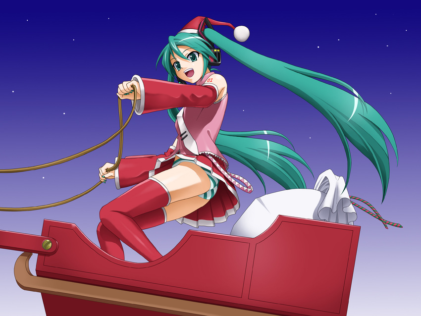 alternate_color aqua_eyes aqua_hair bare_shoulders christmas detached_sleeves fukuoka_kasumi green_nails hatsune_miku headphones long_hair nail_polish necktie panties pantyshot reins sack santa_costume sky sleigh solo star striped striped_panties thighhighs twintails underwear upskirt very_long_hair vocaloid