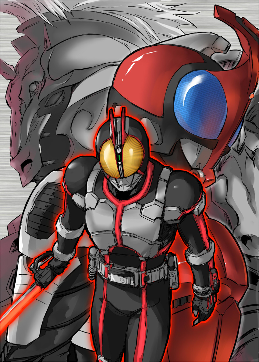 belt chichihirosu highres horse_orphnoch kamen_rider kamen_rider_555 kamen_rider_faiz kamen_rider_kabuto kamen_rider_kabuto_(series) monster multiple_boys