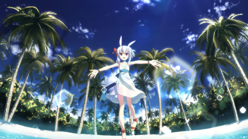 animal_ears beach bracelet bunny_ears choker day dj_max dj_max_portable dress fisheye flower forest hair_flower hair_ornament jewelry lens_flare light_rays nature open_mouth outstretched_arms palm_tree red_eyes sandals sea_spray smile solo spread_arms suee sunbeam sunlight tree wallpaper white_hair yuuki_tatsuya