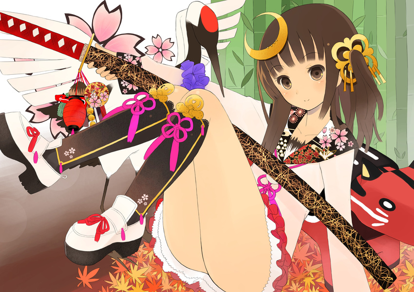 akabeko ass bad_id bad_pixiv_id bamboo bird blush brown_eyes brown_hair crane_(animal) crescent crescent_hair_ornament floral_print hair_ornament highres katana kneehighs lantern legs legs_up long_hair mk_(masatusaboten) original paper_lantern platform_footwear sailor_collar sitting skirt smile socks solo sword twintails weapon