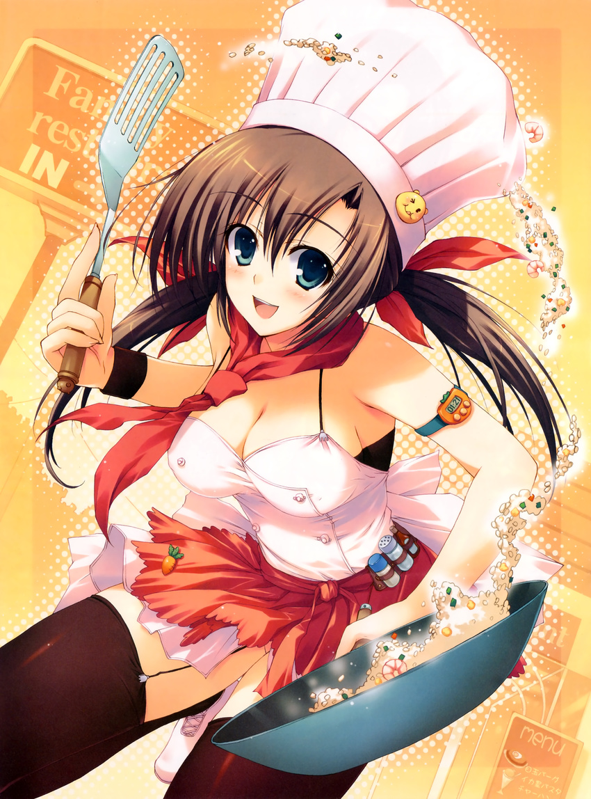 absurdres blue_eyes breasts brown_hair chef chef_hat cleavage copyright_request flipping_food food frying_pan hair_ribbon hat highres large_breasts leaning_forward non-web_source ponytail ribbon rice scarf solo spatula thighhighs tomose_shunsaku toque_blanche