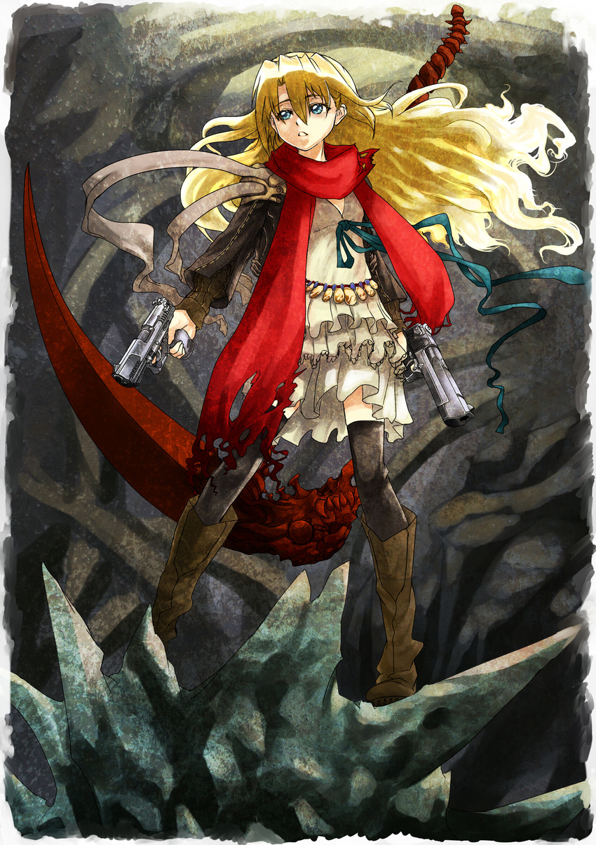 absurdres blonde_hair blue_eyes desert_eagle dual_wielding gun handgun highres holding original pistol realmbw scarf solo weapon