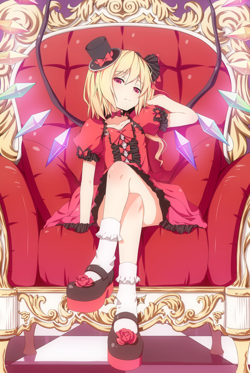 absurdres adjusting_hair alternate_costume armchair blonde_hair bobby_socks chair checkered checkered_floor crossed_legs dinyc dress flandre_scarlet gothic_lolita hat highres lolita_fashion mary_janes mini_hat mini_top_hat perspective ponytail red_eyes shoes short_hair side_ponytail sitting socks solo top_hat touhou wings