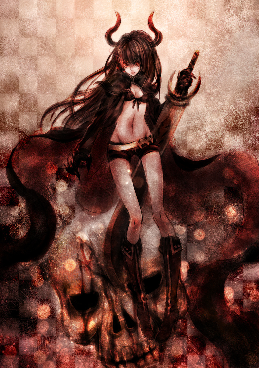 bikini_top black_gold_saw black_hair black_rock_shooter boots burning_eye coat highres horns king_saw long_hair midriff navel quuni red_eyes shorts skinny skull solo sword weapon