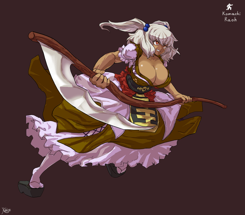 breasts cleavage dark_skin hair_bobbles hair_ornament highres hokuto_no_ken huge_breasts m.u.g.e.n onozuka_komachi parody raou_(hokuto_no_ken) red_eyes rekise scythe short_hair silver_hair solo touhou two_side_up