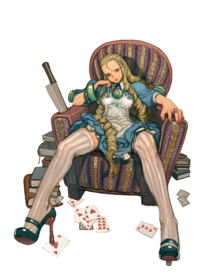 alice_(wonderland) alice_in_wonderland arm_support blonde_hair blue_eyes book card chair drill_hair forehead full_body high_heels highres jewelry knife long_hair lying_card nail_polish older playing_card red_nails ring shoes sitting solo striped striped_legwear thighhighs vertical-striped_legwear vertical_stripes weltol
