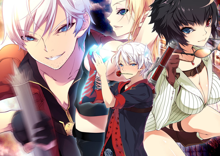 2boys 2girls artist_request capcom dante dante_(devil_may_cry) devil_may_cry devil_may_cry_4 flower lady lady_(devil_may_cry) multiple_boys multiple_girls nero nero_(devil_may_cry) rose show_(rinnetenshow) sweatdrop trish trish_(devil_may_cry)