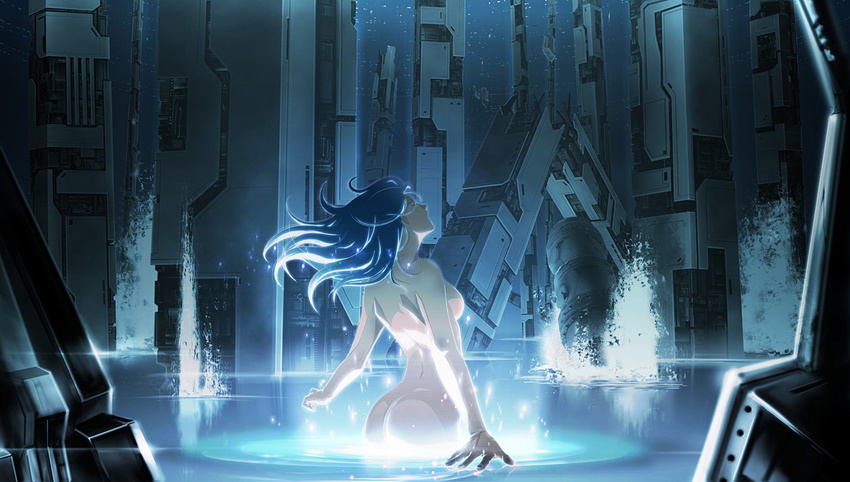 71 ass blue_hair breasts broken building closed_eyes from_behind hands long_hair medium_breasts nude original science_fiction solo splashing wading water