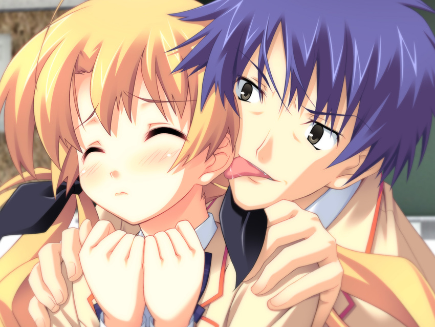 1girl blonde_hair blue_hair blush chaos;head close-up closed_eyes ear_licking game_cg grey_eyes hair_ribbon hug licking long_hair matsuo_yukihiro nishijou_takumi orihara_kozue ribbon saliva school_uniform short_hair tongue twintails wince