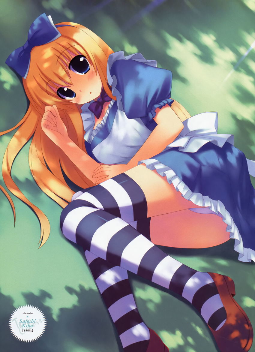 absurdres alice_(wonderland) alice_in_wonderland blonde_hair blue_bow blue_eyes bow brown_footwear dappled_sunlight dress highres kiba_satoshi long_hair lying panties shoes solo striped striped_legwear sunlight thighhighs underwear