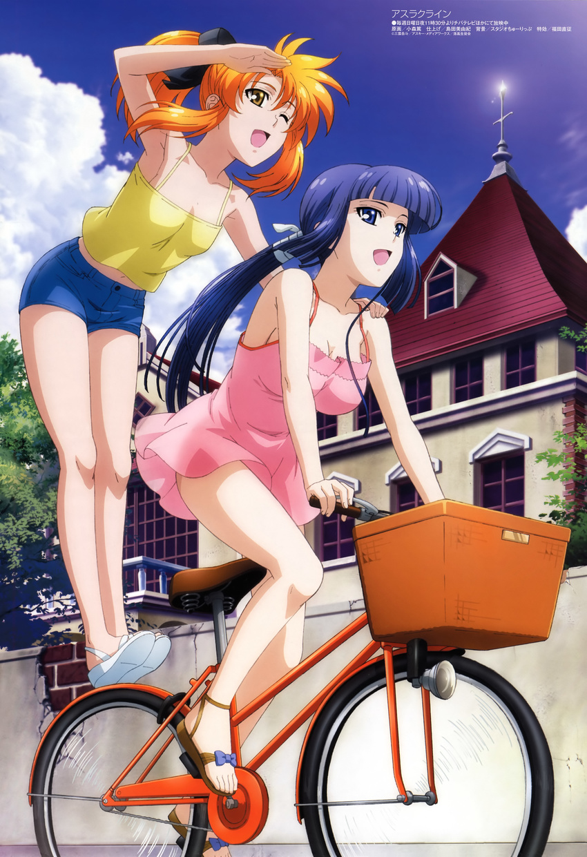 :d ;d absurdres arm_support armpits asura_cryin' bangs bare_legs bicycle bicycle_basket black_ribbon blue_eyes blue_hair blue_sky blunt_bangs bow breasts brown_eyes building camisole casual cloud day denim denim_shorts dress full_body ground_vehicle hair_ribbon highres komori_atsushi long_hair medium_breasts megami minakami_misao multiple_girls multiple_riders no_bra non-web_source official_art one_eye_closed open_mouth orange_hair outdoors pink_dress ponytail ribbon riding sandals shading_eyes shoe_bow shoes short_dress short_hair short_shorts shorts sidelocks sky small_breasts smile spaghetti_strap standing stucco takatsuki_kanade tree wall watermark window