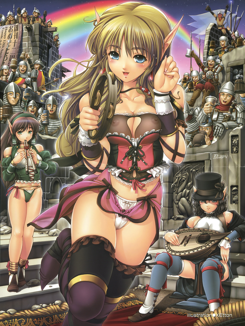 6+boys areolae armor aulos bare_shoulders beer_mug blonde_hair blue_eyes blush breasts cameltoe cleavage cleavage_cutout copyright_request cup flag front-tie_top highres holding holding_cup instrument lute_(instrument) medium_breasts midriff multiple_boys multiple_girls navel nipples open_mouth party pointy_ears rainbow see-through smile tambourine thighhighs xetton