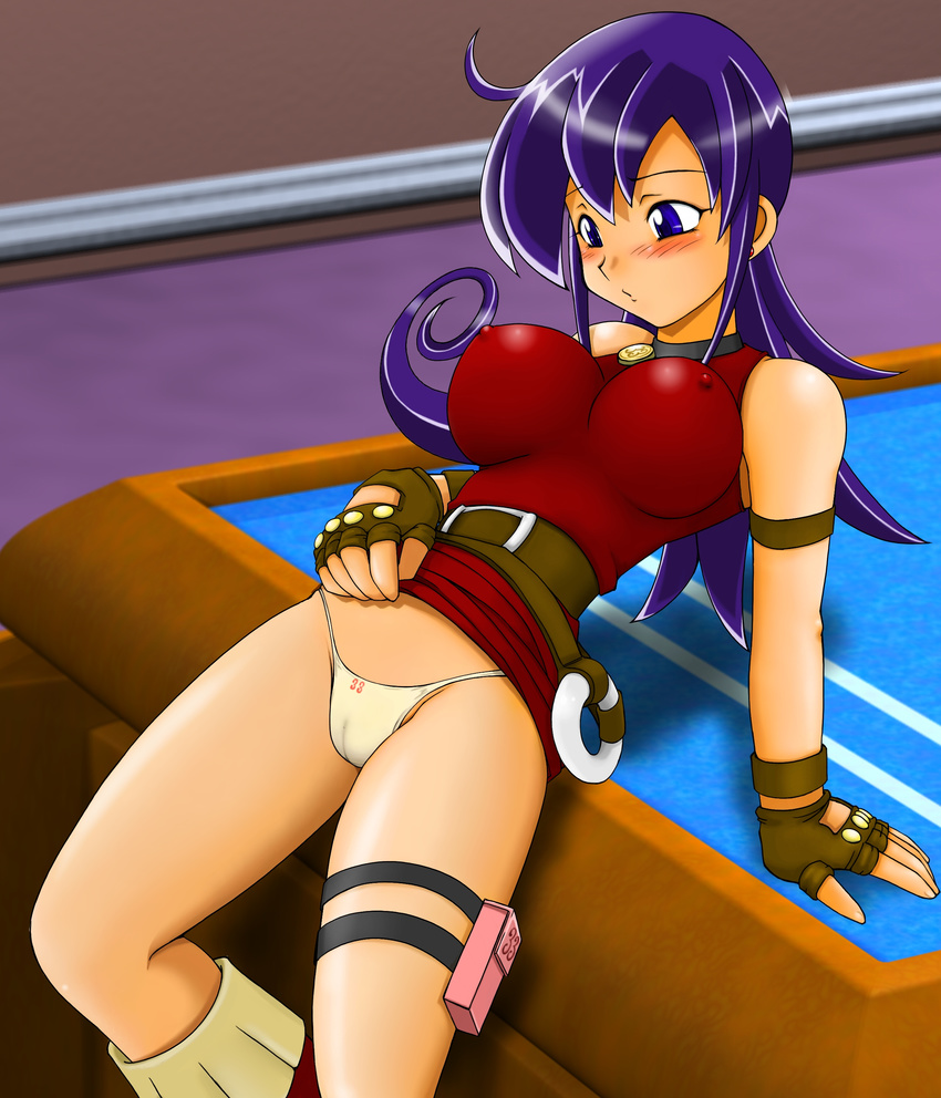 absurdres belt blush breasts covered_nipples duel_masters earrings fingerless_gloves gloves highres jewelry large_breasts necklace panties purple_eyes purple_hair skirt skirt_lift solo tasogare_mimi tsumitani_daisuke underwear