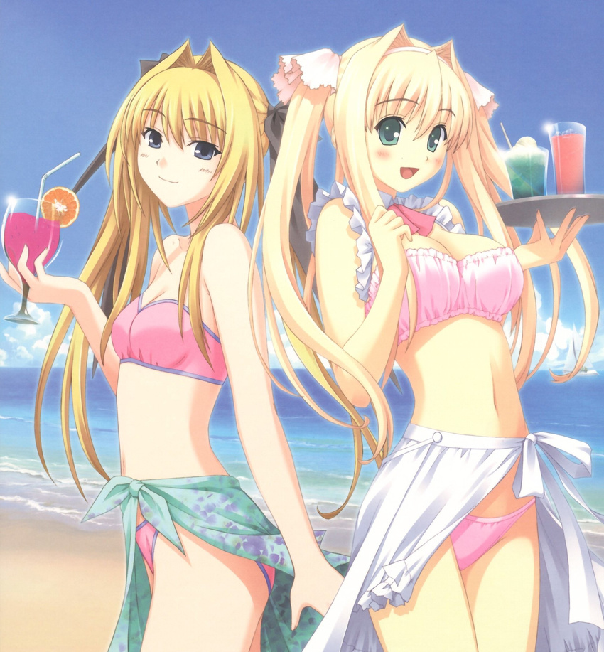 aqua_sarong back-to-back bandeau beach bikini blonde_hair blue_eyes blush breasts cleavage day drink flat_chest food green_eyes hair_intakes hair_ribbon hairband hayama_umi highres ice_cream ice_cream_float katori_rea kono_aozora_ni_yakusoku_wo large_breasts long_hair midriff multiple_girls navel nekonyan outdoors parfait_chocolat_second_brew print_sarong ribbon sarong small_breasts smile swimsuit tropical_drink twintails waitress water white_sarong