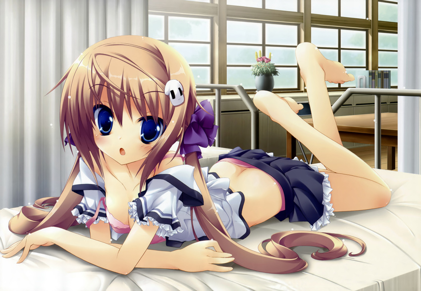 absurdres ass barefoot bed blue_eyes blush bra breasts brown_hair cleavage dog_hair_ornament feet gotou_nao hair_ornament hair_ribbon hairclip highres koiiro_soramoyou lingerie long_hair lying medium_breasts on_stomach open_clothes open_shirt panties pink_bra pink_panties plant potted_plant ribbon school_uniform shinohara_sera shirt strap_slip twintails underwear window