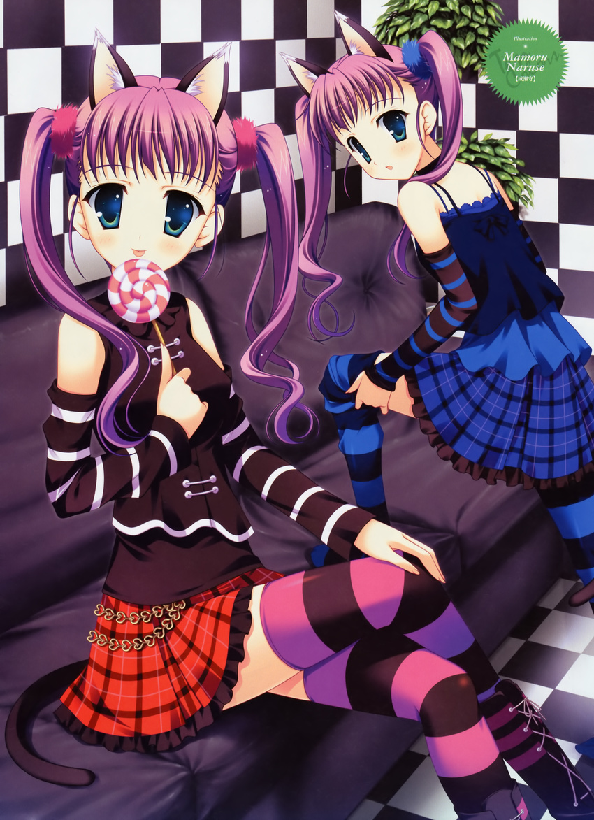 absurdres animal_ears blue_eyes candy cat_ears copyright_request food highres lollipop multiple_girls naruse_mamoru non-web_source purple_hair scrunchie siblings sisters striped striped_legwear swirl_lollipop thighhighs twintails