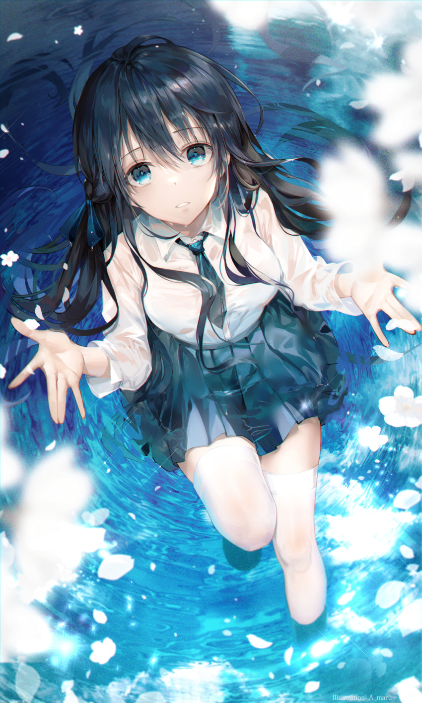 1girl absurdres bangs black_hair blue_eyes breasts collared_shirt dress_shirt flower from_above hair_between_eyes highres long_hair looking_at_viewer medium_breasts necktie original outstretched_arms petals pleated_skirt ripples school_uniform shirt sitting skirt solo thighhighs unity_(ekvmsp02) water wet wet_clothes wet_shirt white_legwear white_shirt zettai_ryouiki
