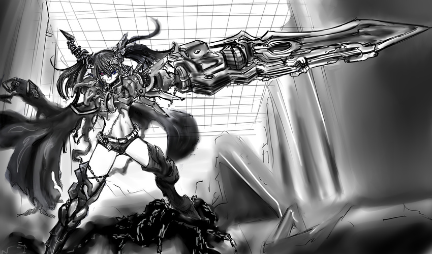 armor belt black_hair black_rock_shooter boots chain gauntlets greaves heterochromia highres huge_weapon insane_black_rock_shooter ledjoker07 long_hair midriff monochrome purple_eyes scar shorts sketch solo spot_color thigh_boots thighhighs weapon work_in_progress