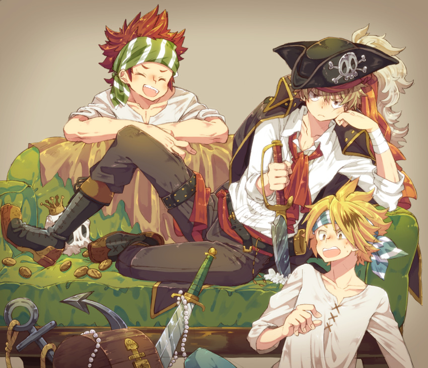 3boys :o anchor bakugou_katsuki bandanna black_footwear black_hat blonde_hair blue_bandana blush boku_no_hero_academia boots brown_background brown_pants coin couch crown eyes_closed facing_another green_bandana hand_on_own_cheek hat jacket_on_shoulders jewelry kaminari_denki kirishima_eijirou knife looking_at_viewer male_focus multiple_boys necklace pants pearl_necklace pirate_hat planted_weapon red_bandana red_hair red_neckwear shirt sitting skull spiked_hair sweatdrop thigh_strap treasure_chest tricorne uppi weapon white_shirt