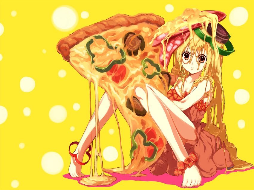 anklet bad_id bad_pixiv_id barefoot breasts cheese cleavage dress feet food food_as_clothes food_themed_clothes holding_pizza in_food jewelry medium_breasts messy minigirl mizuto_umi_(blue_monday) original pizza slice_of_pizza solo tomato yellow_eyes