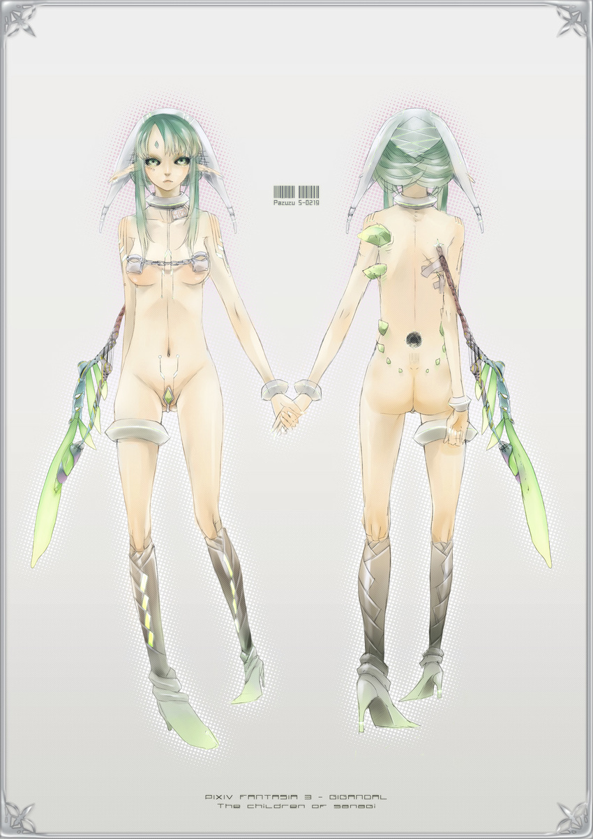 android ass bad_id bad_pixiv_id barcode black_sclera breasts character_sheet crystal cyberpunk gigandal_federation green_eyes green_hair high_heels highres long_hair medium_breasts multiple_views navel nude pixiv_fantasia pixiv_fantasia_3 pointy_ears reika_(clovia_studio) shoes turnaround wings