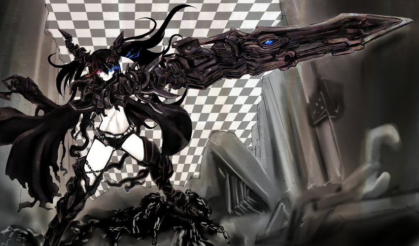 armor belt black_hair black_rock_shooter boots chain gauntlets greaves heterochromia highres huge_weapon insane_black_rock_shooter ledjoker07 long_hair midriff pale_skin purple_eyes scar shorts sketch solo thigh_boots thighhighs weapon