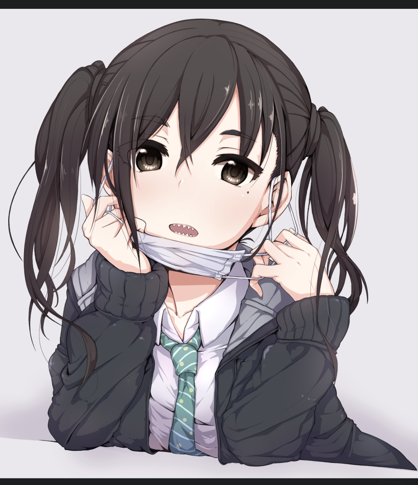 1girl :o bangs black_jacket brown_eyes brown_hair collarbone collared_shirt commentary_request eyebrows_visible_through_hair green_neckwear hair_between_eyes hands_up head_tilt highres hood hood_down hooded_jacket idolmaster idolmaster_cinderella_girls jacket letterboxed long_hair long_sleeves looking_at_viewer mask_pull mole mole_under_eye necktie open_clothes open_jacket open_mouth school_uniform sharp_teeth shirt sidelocks sleeves_past_wrists solo striped striped_neckwear sunazuka_akira surgical_mask teeth twintails white_shirt woshinon