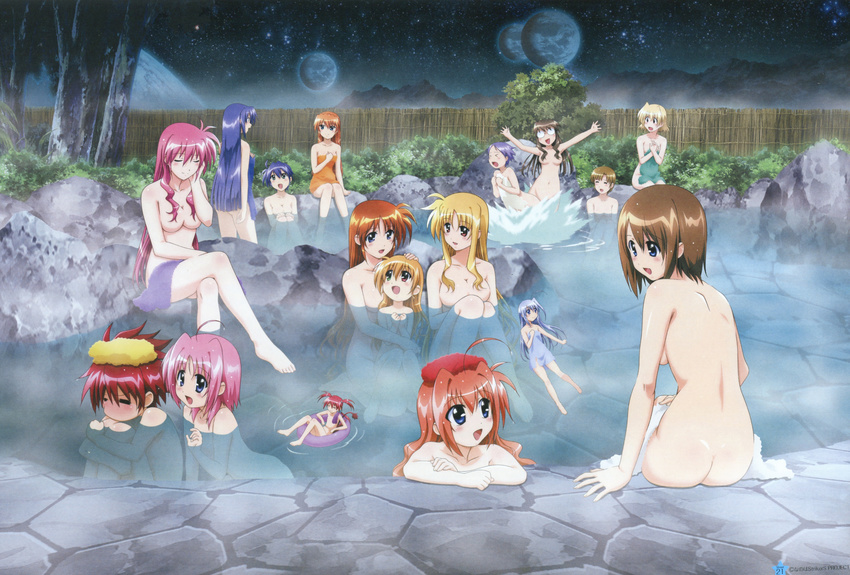 6+girls =_= absurdres agito_(nanoha) alto_krauetta ass blonde_hair breasts brown_hair caro_ru_lushe covering erio_mondial everyone fate_testarossa flat_chest ginga_nakajima hair_down highres long_hair lucino_liilie lyrical_nanoha mahou_shoujo_lyrical_nanoha_strikers medium_breasts minigirl mixed_bathing multiple_girls multiple_moons naked_towel night night_sky nude nude_cover official_art okuda_yasuhiro onsen orange_hair pink_hair purple_hair red_hair reinforce_zwei shamal shario_finieno short_hair siblings signum sisters sky small_breasts subaru_nakajima takamachi_nanoha teana_lanster towel towel_on_head very_long_hair vita vivio yagami_hayate