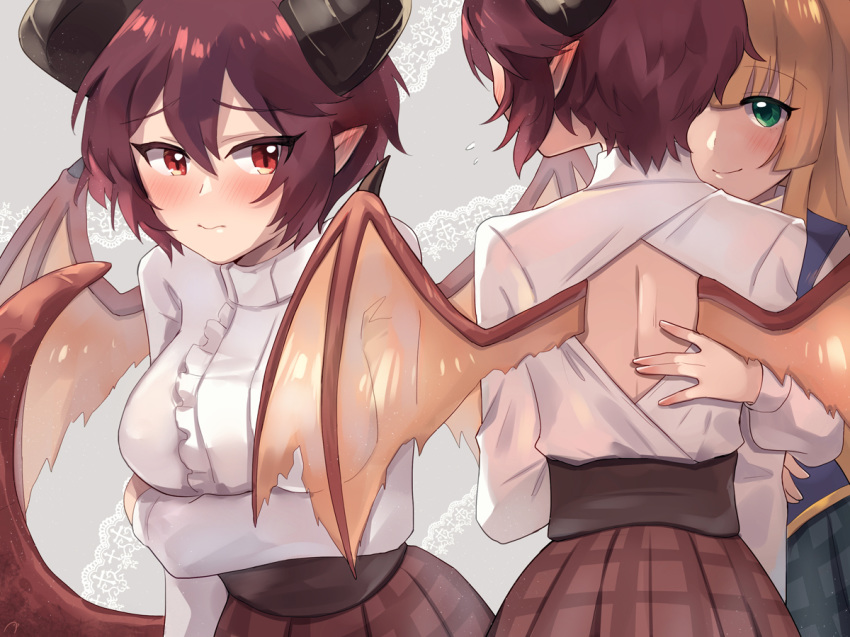 2girls amy30535 anne_(shingeki_no_bahamut) blonde_hair blush breasts brown_hair dragon_girl dragon_tail dragon_wings embarrassed eyebrows eyebrows_visible_through_hair frills grea_(shingeki_no_bahamut) green_eyes grey_background horns large_breasts manaria_friends multiple_girls multiple_views red_eyes shingeki_no_bahamut shiny shiny_hair short_hair simple_background skirt smile sweat tail touching wings yuri