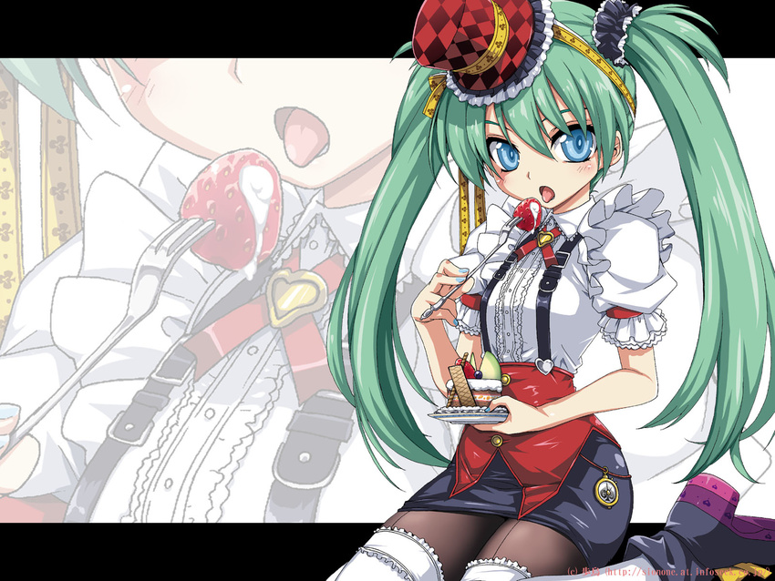 blue_eyes cake character_request copyright_request cream eating food fork frills fruit gathers green_hair hat highres hotori_(sion) kneeling long_hair pantyhose plate puffy_sleeves shoes skirt solo strawberry thighhighs top_hat twintails waitress white_legwear zoom_layer