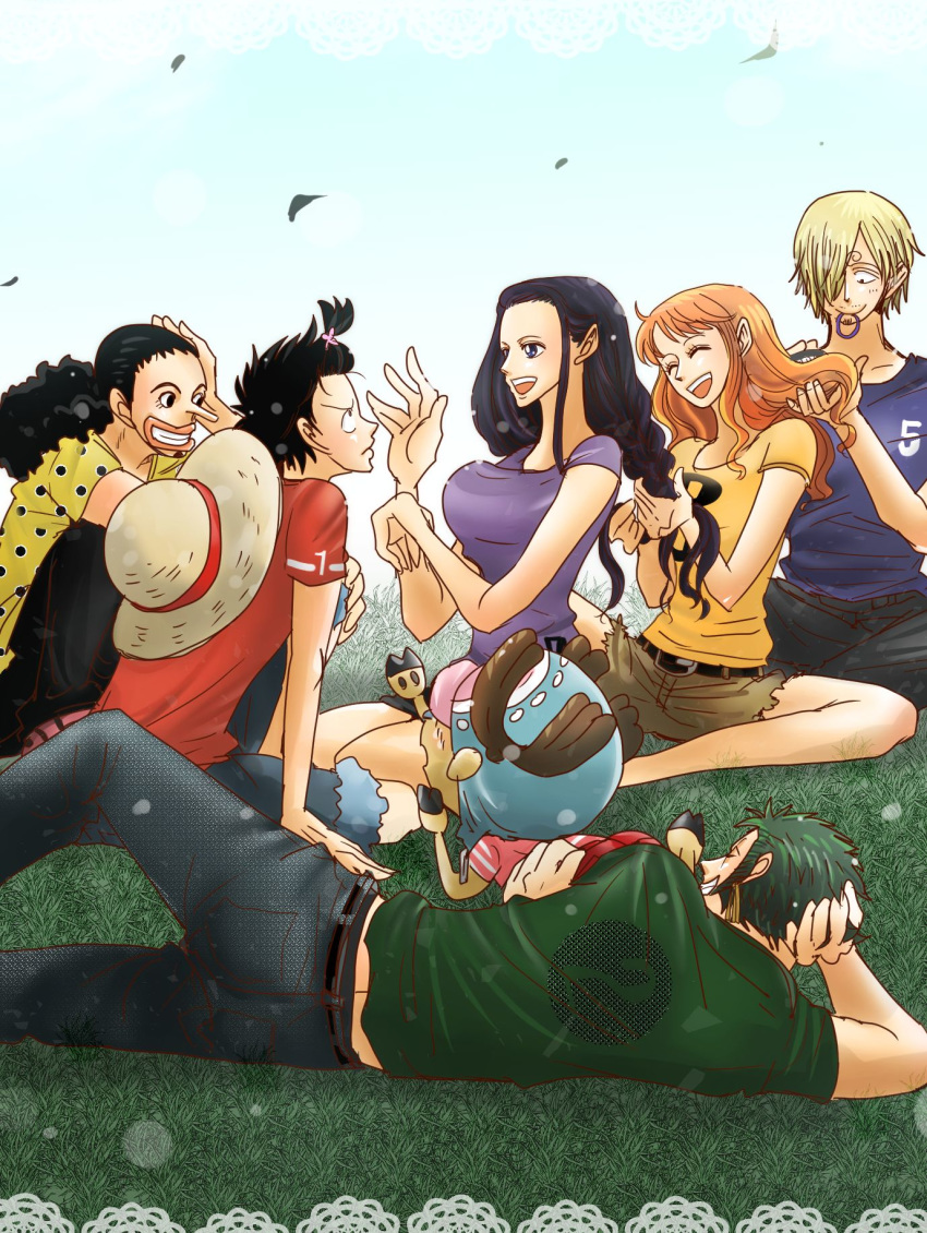 2girl 5boys highres long_hair monkey_d_luffy multiple_boys multiple_girls nami_(one_piece) nico_robin roronoa_zoro sanji smile tony_tony_chopper usopp