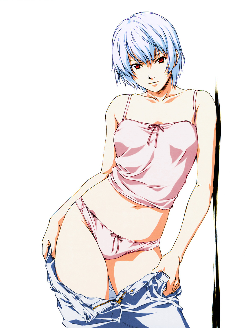 ayanami_rei blue_hair bow bow_panties camisole denim duplicate highres horibe_hiderou jeans midriff neon_genesis_evangelion older panties pants pants_pull pink_panties pulled_by_self red_eyes short_hair solo standing underwear undressing unzipped