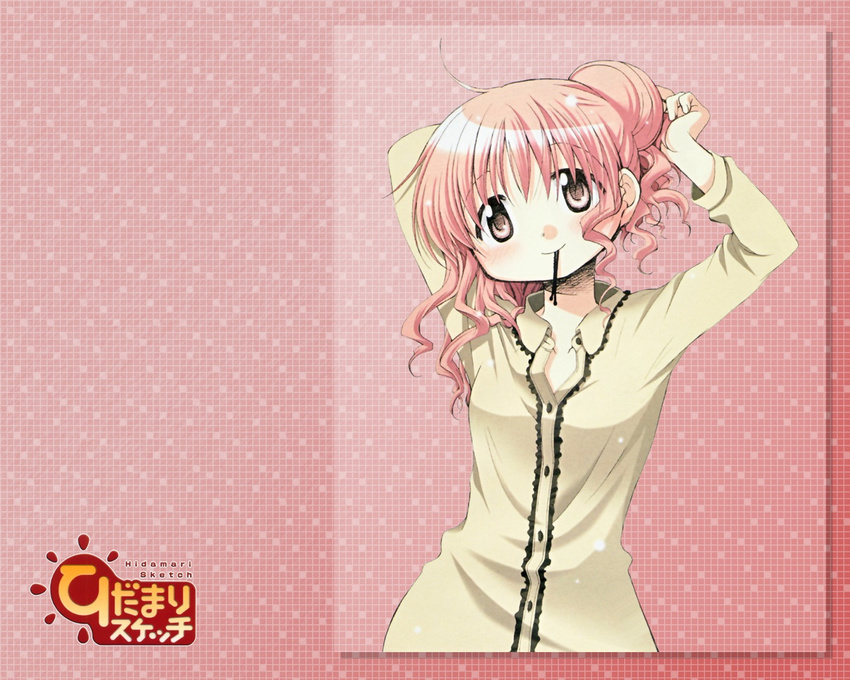 adjusting_hair aoki_ume blush double_bun hidamari_sketch hiro mouth_hold official_art pajamas pink_hair red_hair smile wallpaper