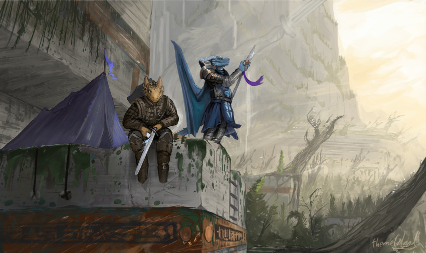 2019 anthro clothed clothing day detailed_background digital_media_(artwork) dragon duo holding_object holding_weapon horn male melee_weapon membranous_wings outside polearm scalie sitting sky spear standing sword themefinland weapon western_dragon wings