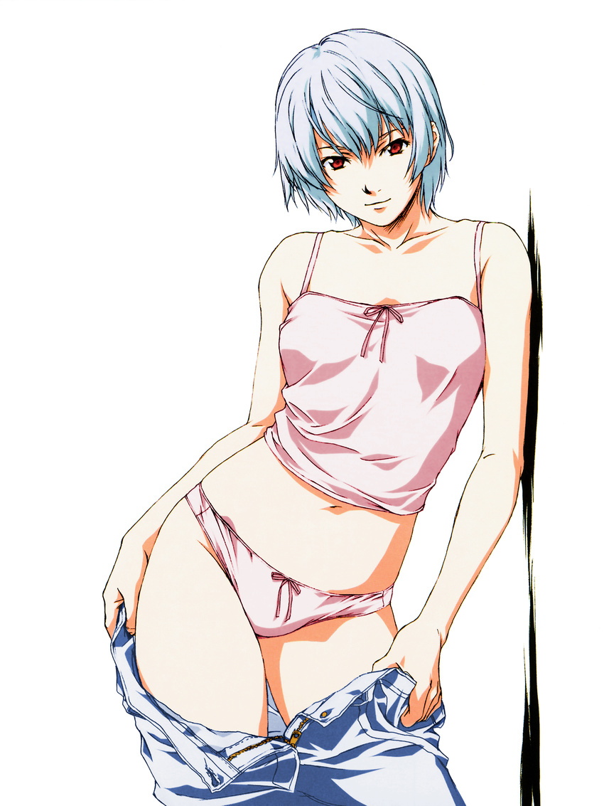 absurdres ayanami_rei blue_hair bow bow_panties denim duplicate highres horibe_hiderou huge_filesize incredibly_absurdres jeans neon_genesis_evangelion older panties pants pink_panties poster red_eyes short_hair solo third-party_edit underwear undressing