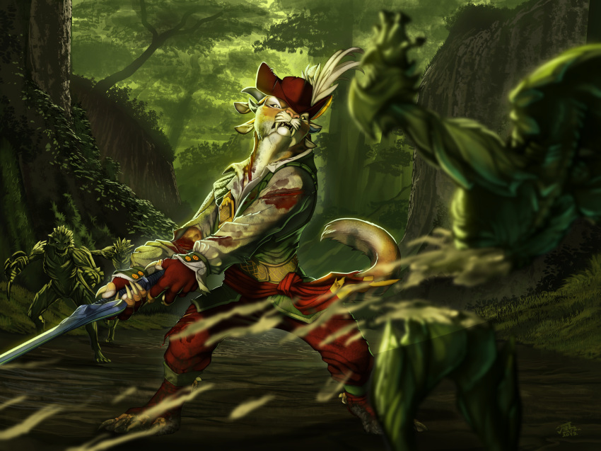2019 5_fingers anthro blood charr claws day detailed_background digital_media_(artwork) felid forest group guild_wars holding_object holding_weapon jackrow mammal melee_weapon open_mouth outside sword teeth tree video_games weapon