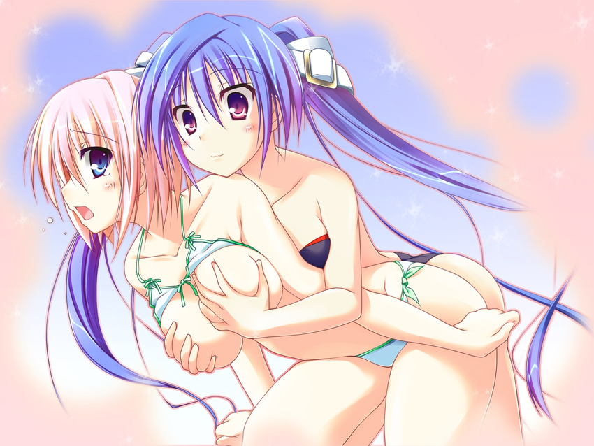 :3 bikini bikini_lift blue_eyes blue_hair blush breast_grab breasts breath buckle front-tie_top grabbing highres hug large_breasts long_hair multiple_girls pink_hair purple_eyes short_hair side-tie_bikini sparkle!! swimsuit t-ray twintails very_long_hair yuri