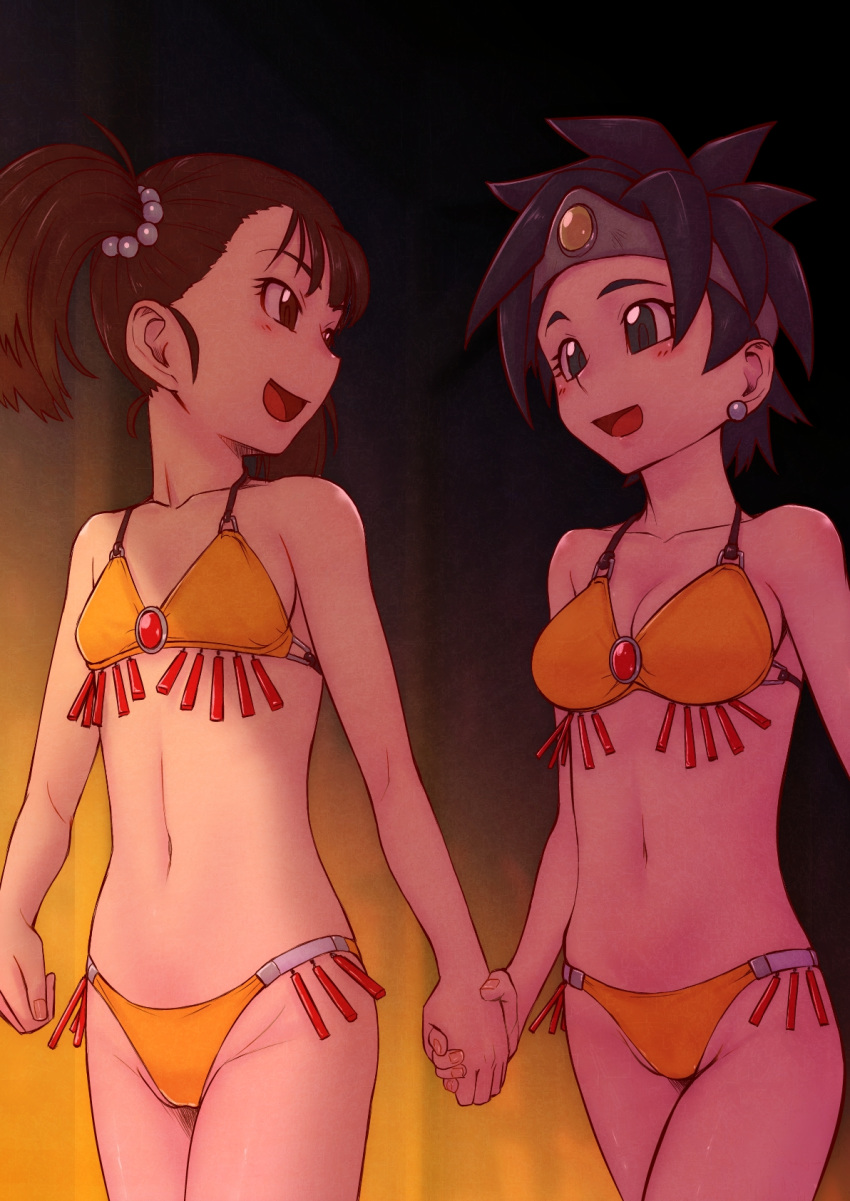 bikini blush brown_eyes brown_hair dragon_quest dragon_quest_iii fighter_(dq3) green_eyes grey_hair groin hand_holding highres kuro_ari_(pixiv) roto swimsuit swimwear yellow_bikini yuri