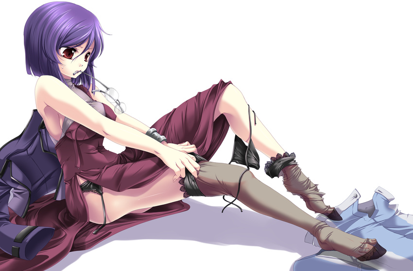 bad_id bad_pixiv_id bare_shoulders black_panties breasts feet garter_belt genderswap genderswap_(mtf) glasses gundam gundam_00 legs medium_breasts mouth_hold no_shoes panties pants pants_removed purple_hair red_eyes see-through short_hair side-tie_panties simple_background sitting sock_pull solo sweatdrop takitsume_shino thighhighs tieria_erde toes underwear white_background