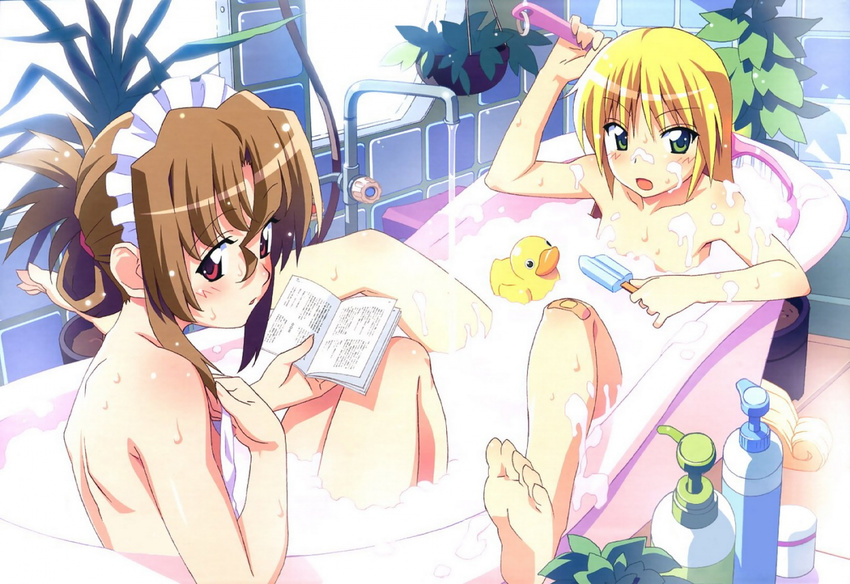 bandaid bandaid_on_knee barefoot bath bathing blonde_hair blush book brown_hair feet flat_chest folded_ponytail food green_eyes hair_up hayate_no_gotoku! looking_at_viewer looking_back maid_headdress maria_(hayate_no_gotoku!) multiple_girls nude open_book open_mouth partially_submerged pink_eyes popsicle reading rubber_duck sanzen'in_nagi shared_bathing soap soap_bubbles soles spread_legs toes watanabe_akio wet