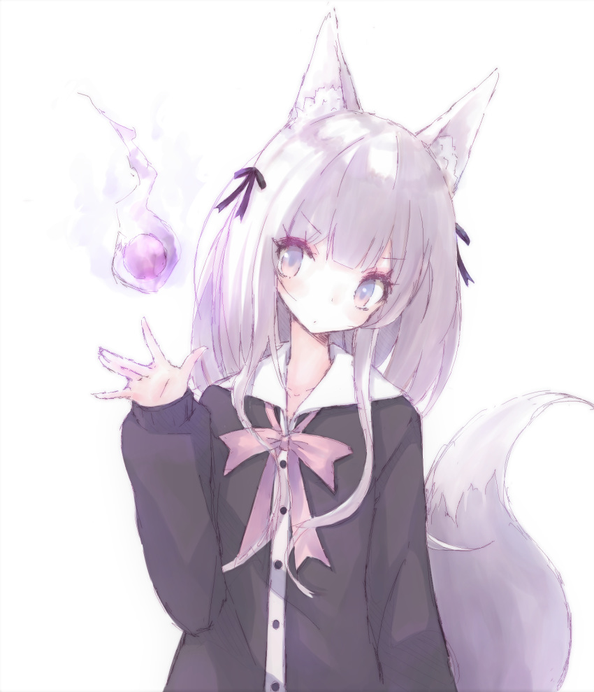 1girl animal_ear_fluff animal_ears bangs black_jacket black_ribbon bow buran_(kure) closed_mouth collarbone eyebrows_visible_through_hair fox_ears fox_girl fox_tail grey_eyes grey_hair hair_ribbon hand_up head_tilt highres hitodama jacket long_hair long_sleeves original pink_bow puffy_long_sleeves puffy_sleeves ribbon simple_background sleeves_past_wrists solo tail tail_raised upper_body v-shaped_eyebrows white_background