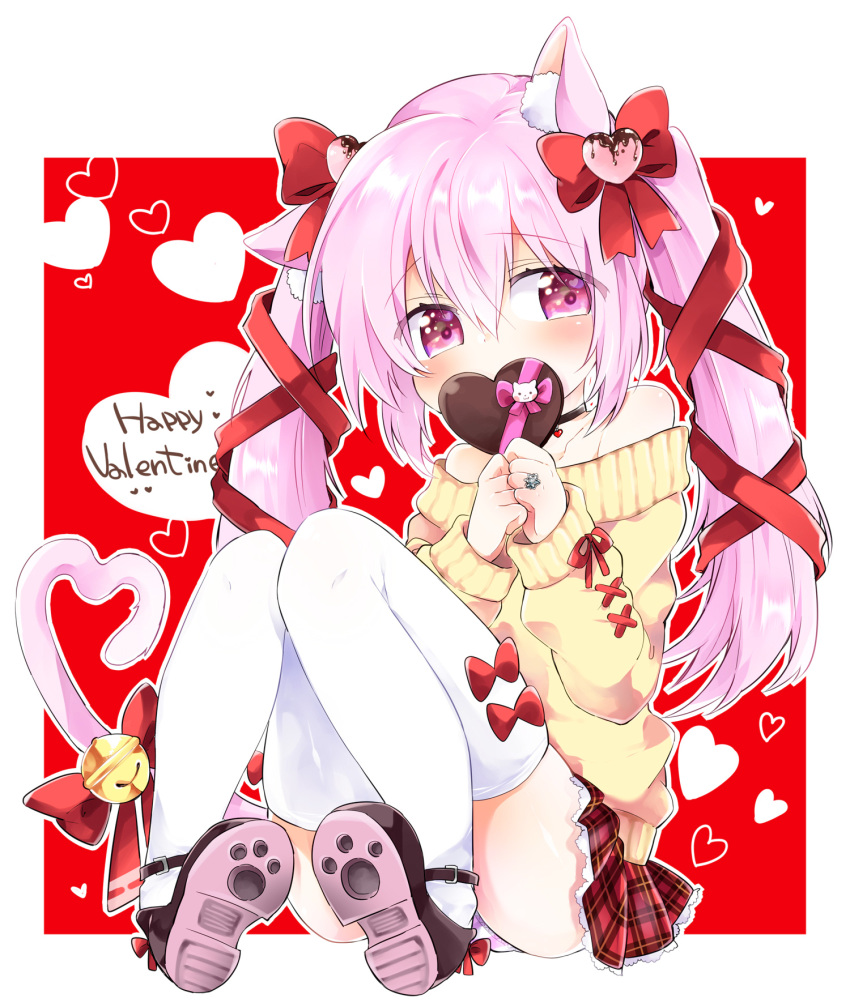 1girl alternate_hairstyle animal_ear_fluff animal_ears azur_lane bangs black_choker blush bow brown_footwear cat_ears cat_girl cat_tail chocolate chocolate_heart choker collarbone commentary_request covered_mouth eyebrows_visible_through_hair food full_body hair_between_eyes hair_bow hair_ornament hair_ribbon hands_together happy_valentine heart heart_hair_ornament heart_tail highres holding holding_food jewelry kisaragi_(azur_lane) long_sleeves off-shoulder_sweater own_hands_together pone purple_eyes red_background red_bow red_ribbon ribbon ring shoe_soles sleeves_past_wrists solo sweater tail thighhighs twintails two-tone_background white_background white_legwear yellow_sweater