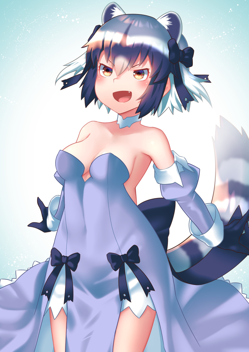 1girl :d absurdres alternate_costume animal_ears bangs bare_shoulders black_hair bow breasts brown_eyes collar collarbone commentary_request common_raccoon_(kemono_friends) covered_navel detached_sleeves dress extra_ears eyebrows_visible_through_hair fang gloves grey_hair hair_between_eyes hair_bow highres juliet_sleeves kemono_friends long_sleeves medium_breasts multicolored_hair open_mouth outstretched_arms puffy_sleeves raccoon_ears raccoon_tail short_hair sidelocks smile solo st.takuma strapless strapless_dress striped_tail tail upper_body v-shaped_eyebrows white_hair