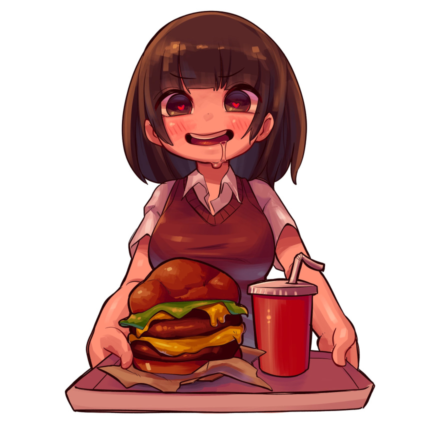 1girl bangs blunt_bangs blush breasts brown_hair collared_shirt cup drink drinking_straw eyebrows_visible_through_hair food hamburger heart heart-shaped_pupils highres holding holding_tray looking_at_viewer medium_hair more_e_4km open_mouth original saliva shirt short_sleeves simple_background smile solo sweater_vest symbol-shaped_pupils tray upper_body white_background white_shirt