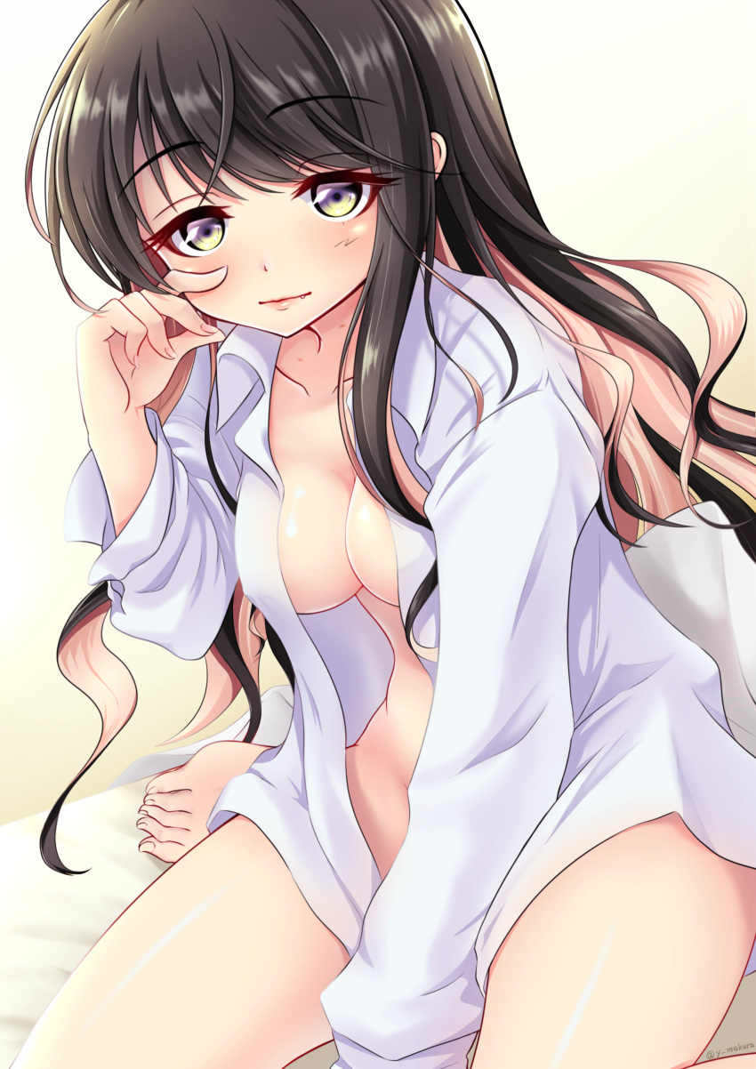 1girl absurdres alternate_costume arm_support bed_sheet between_legs black_hair blue_eyes breasts cleavage collarbone commentary dress_shirt eyelashes fang feet fingernails gradient_eyes hand_between_legs hand_on_own_cheek hickey highres hip_focus indoors kantai_collection lips long_hair looking_at_viewer makura_(user_jpmm5733) messy_hair morning multicolored multicolored_eyes multicolored_hair naganami_(kantai_collection) naked_shirt on_bed pink_hair rubbing_eyes shirt sitting solo thighs toenails twitter_username two-tone_hair very_long_hair wavy_hair white_background yellow_eyes