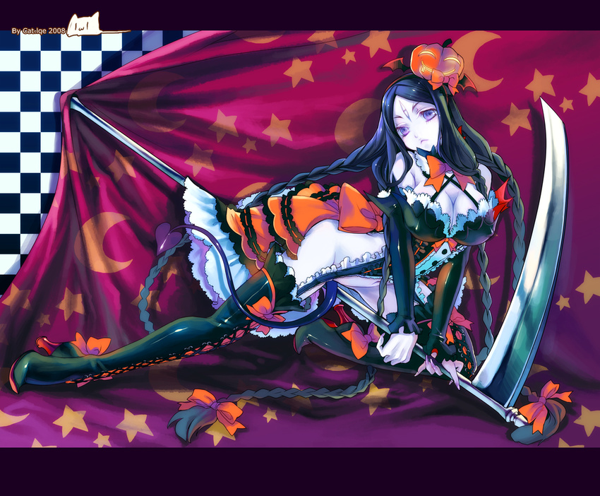 :&lt; black_hair boots breasts cleavage copyright_request detached_sleeves hakoiri_nekohime halloween large_breasts letterboxed no_panties pale_skin purple_eyes scythe solo thigh_boots thighhighs witch