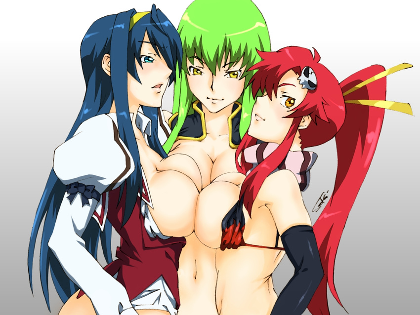 bad_id bad_pixiv_id blue_eyes blue_hair breast_press breasts c.c. code_geass crossover green_hair himemiya_chikane himemura_saki kannazuki_no_miko large_breasts multiple_crossover multiple_girls puffy_sleeves red_hair symmetrical_docking tengen_toppa_gurren_lagann yellow_eyes yoko_littner yuri