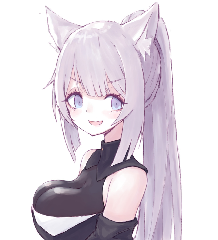 1girl :d animal_ear_fluff animal_ears bangs bare_shoulders black_dress black_shirt black_sleeves blue_eyes breasts buran_(kure) detached_sleeves dress eyebrows_visible_through_hair fang grey_hair high_ponytail highres large_breasts long_hair open_mouth original ponytail shirt sidelocks simple_background sleeveless sleeveless_shirt smile solo strapless strapless_dress upper_body white_background